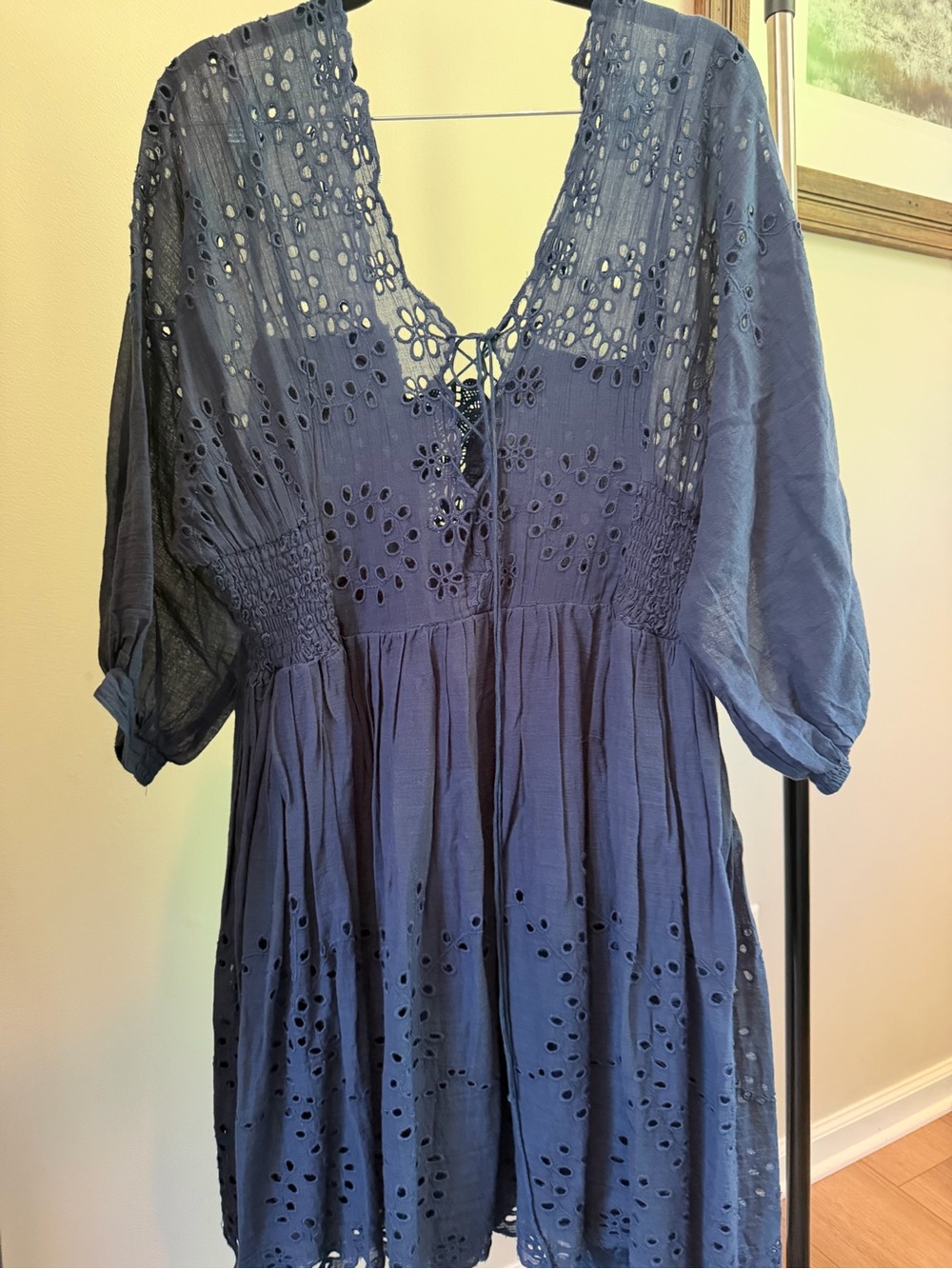 Free People Navy Eyelet V-Neck Mini Dress three quarter sleeves - Women - Picture 8 of 9